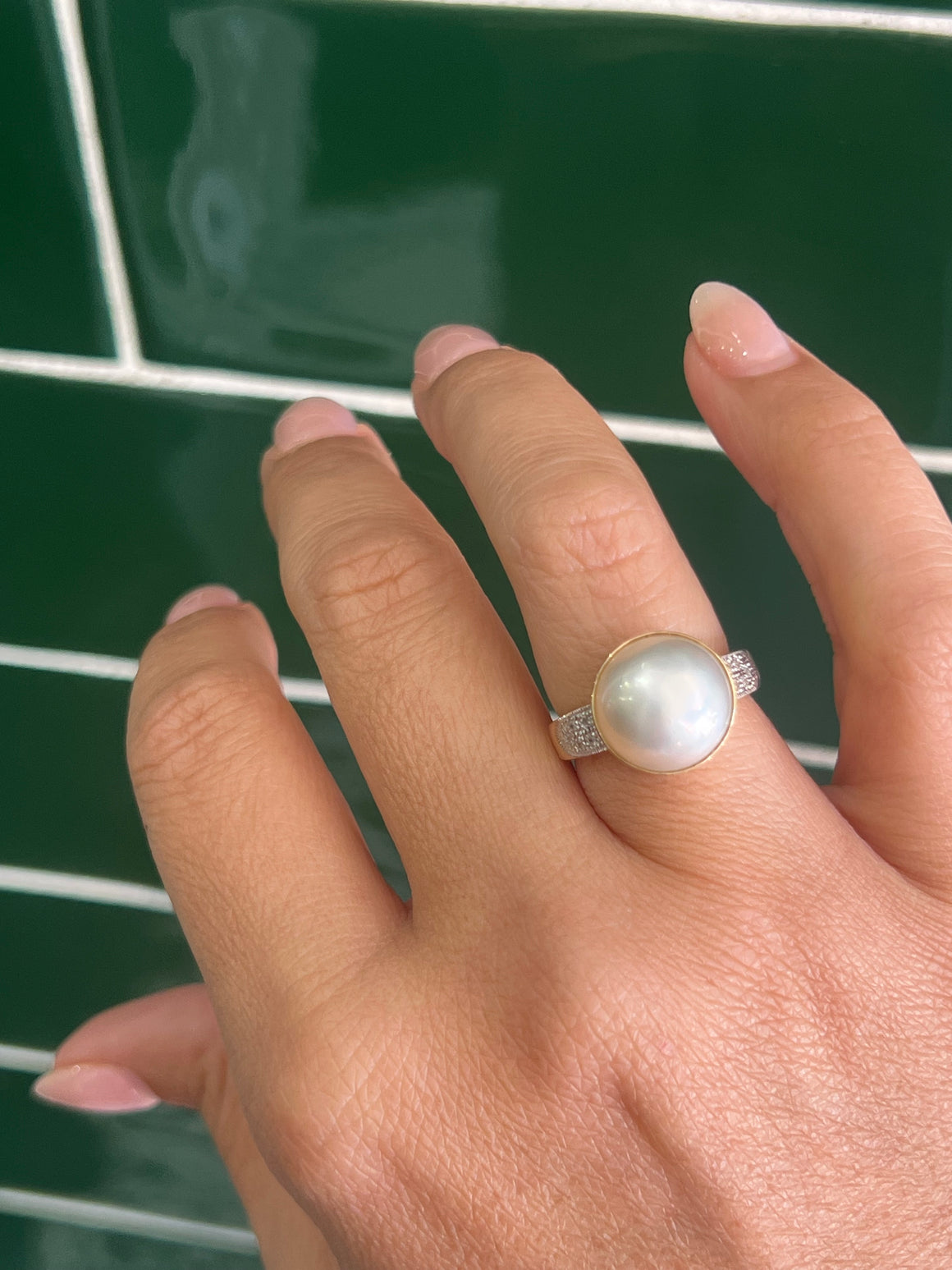 Mabe Pearl and Diamond Ring in 9ct Yellow Gold
