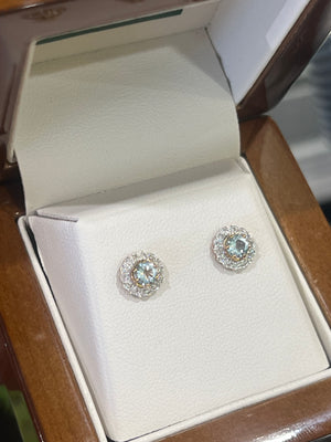 Aquamarine and Diamond Studs in 9ct Yellow and White Gold