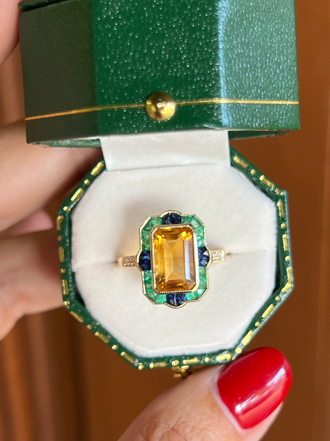 Citrine, Sapphire, Tsavorite Garnet and Diamond Ring in 18ct yellow gold.