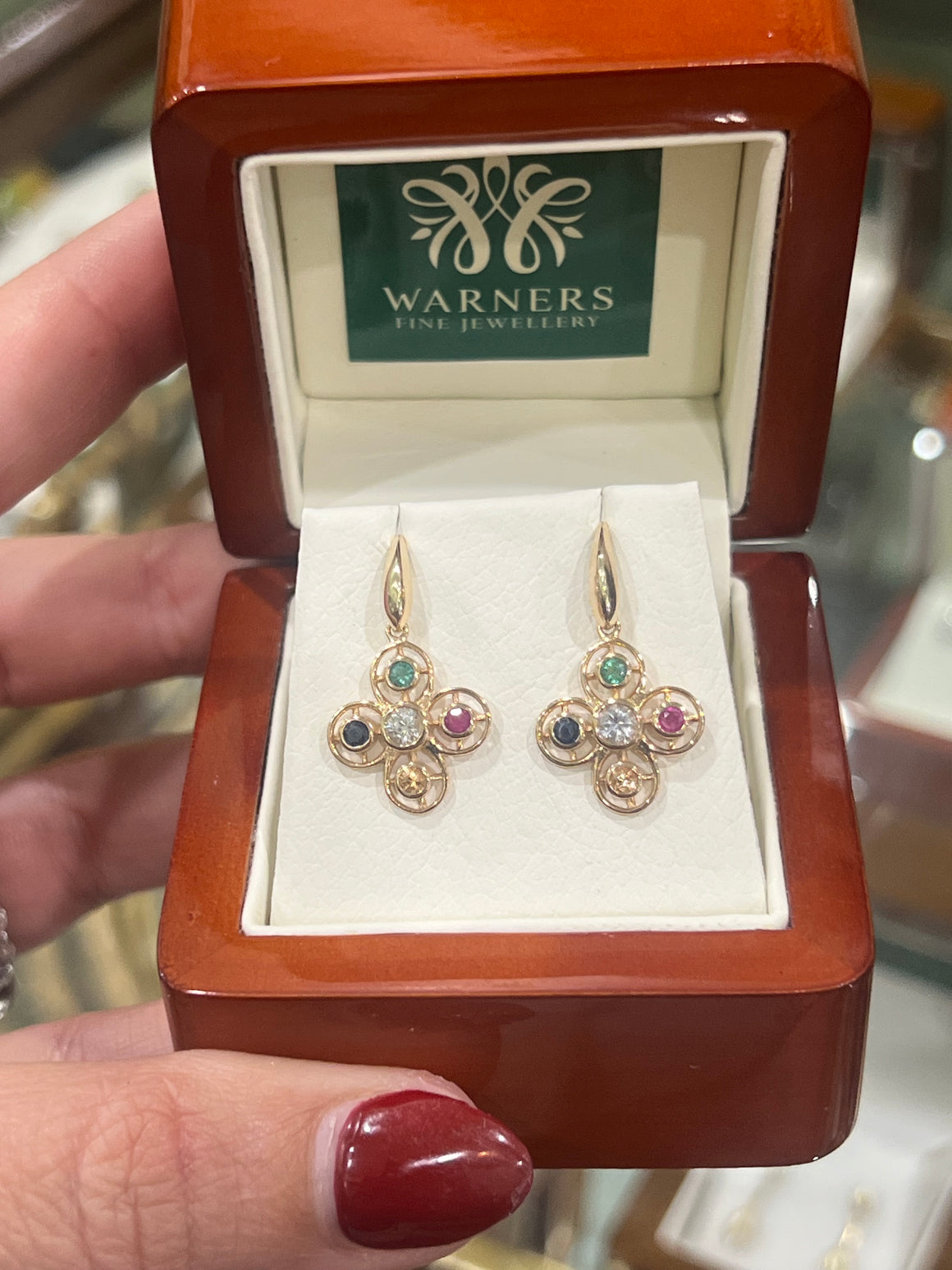 Diamond, Sapphire, Ruby, Emerald and Citrine Earrings in 9ct Yellow Gold