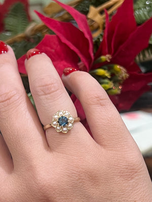 London Blue Topaz and Pearl Ring in 9ct Yellow Gold