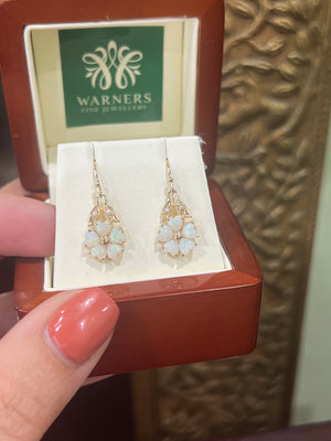 Opal Daisy and Seed Pearl Drop Earrings in 9ct Yellow Gold