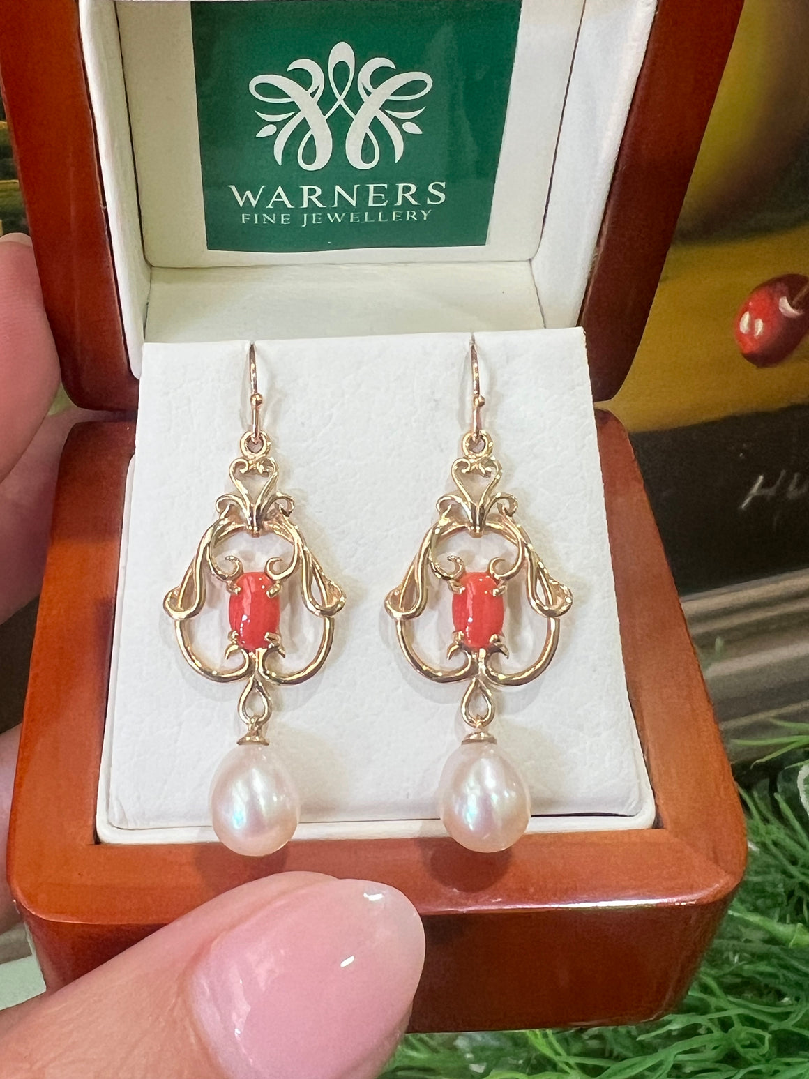 Coral Pearl Earrings in 9ct Yellow Gold