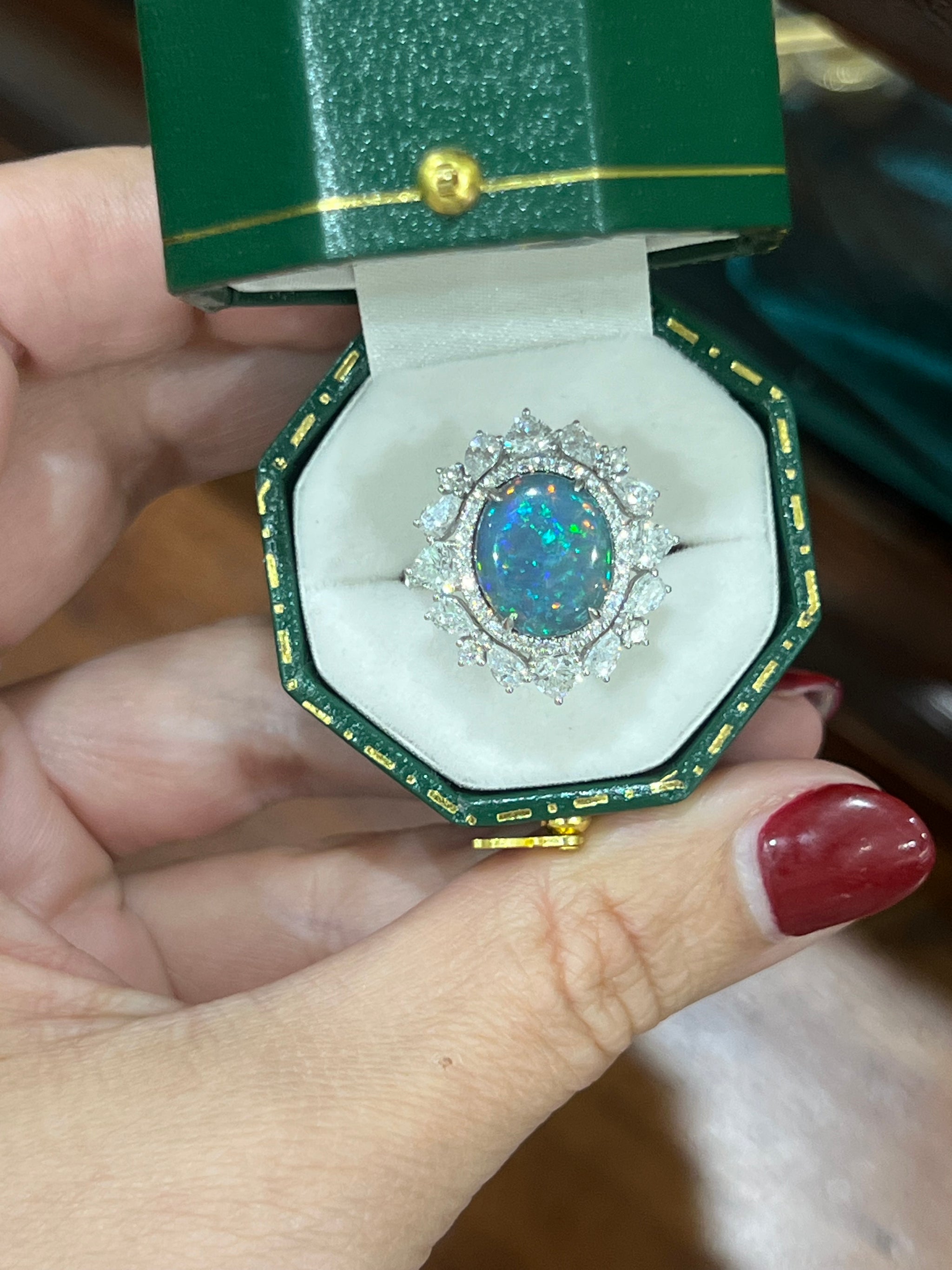 Black Opal and Diamond Ring in 18ct White Gold