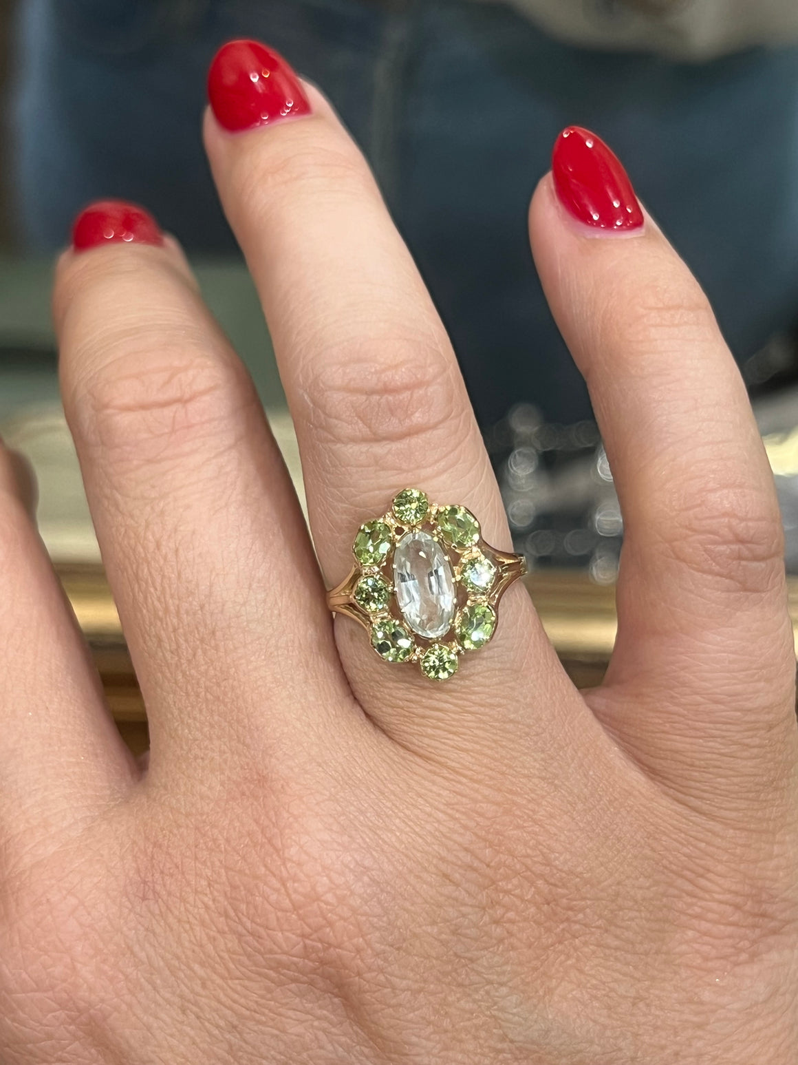 Green Amethyst and Peridot Ring in 9ct Yellow Gold