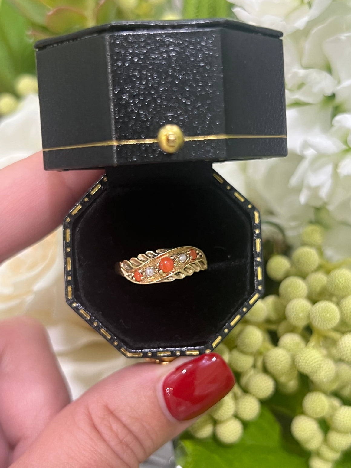 Coral and Pearl Ring in 9ct Yellow Gold