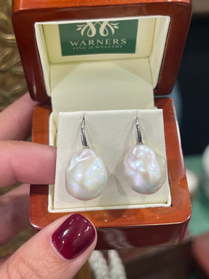 Baroque Pearl Swan Hook Earrings in 9ct White Gold
