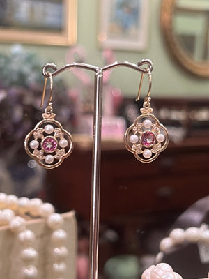 Pink Topaz & Pearl Earrings in Yellow Gold
