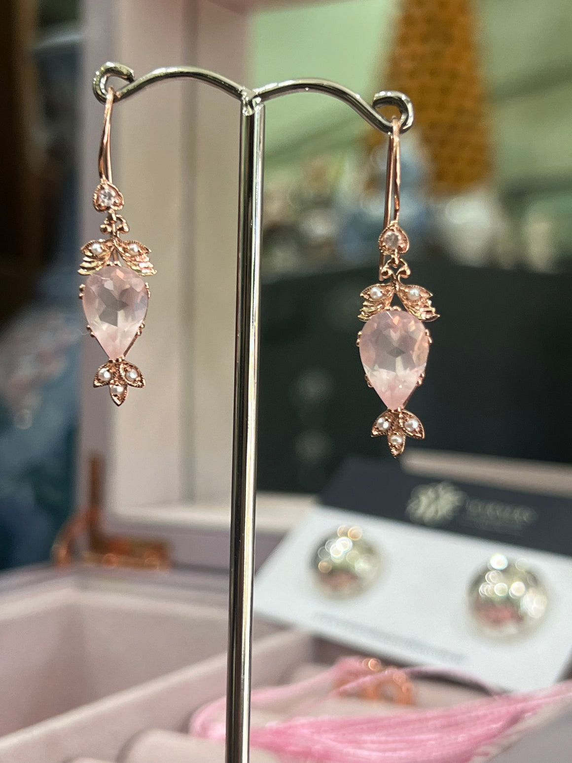 Rose Quartz and Seed Pearl Earrings in 9ct Rose Gold