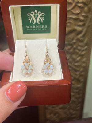 Opal Daisy and Seed Pearl Drop Earrings in 9ct Yellow Gold