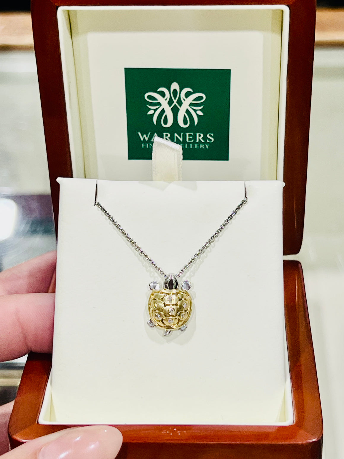 Diamond Turtle Pendant in 9ct Yellow and White Gold