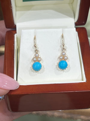 Turquoise and Seed Pearl Earrings in 9ct Yellow Gold