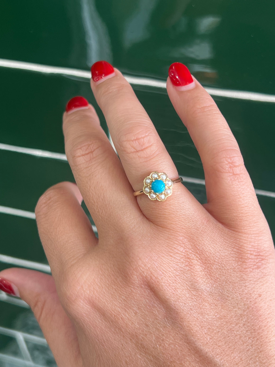 Turquoise and Pearl Ring in 9ct Yellow Gold
