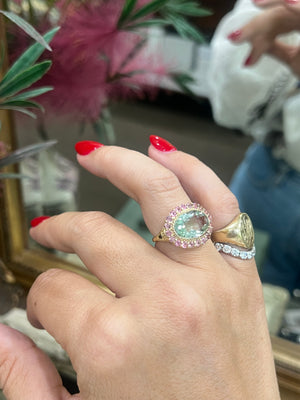 Green Amethyst and Pink Tourmaline Ring in 9ct Yellow Gold