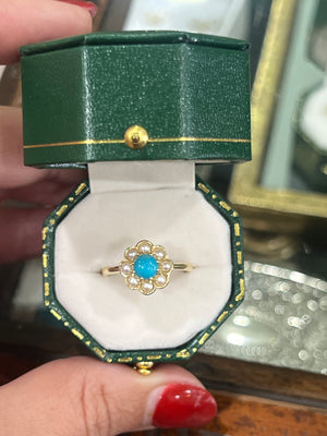 Turquoise and Pearl Ring in 9ct Yellow Gold