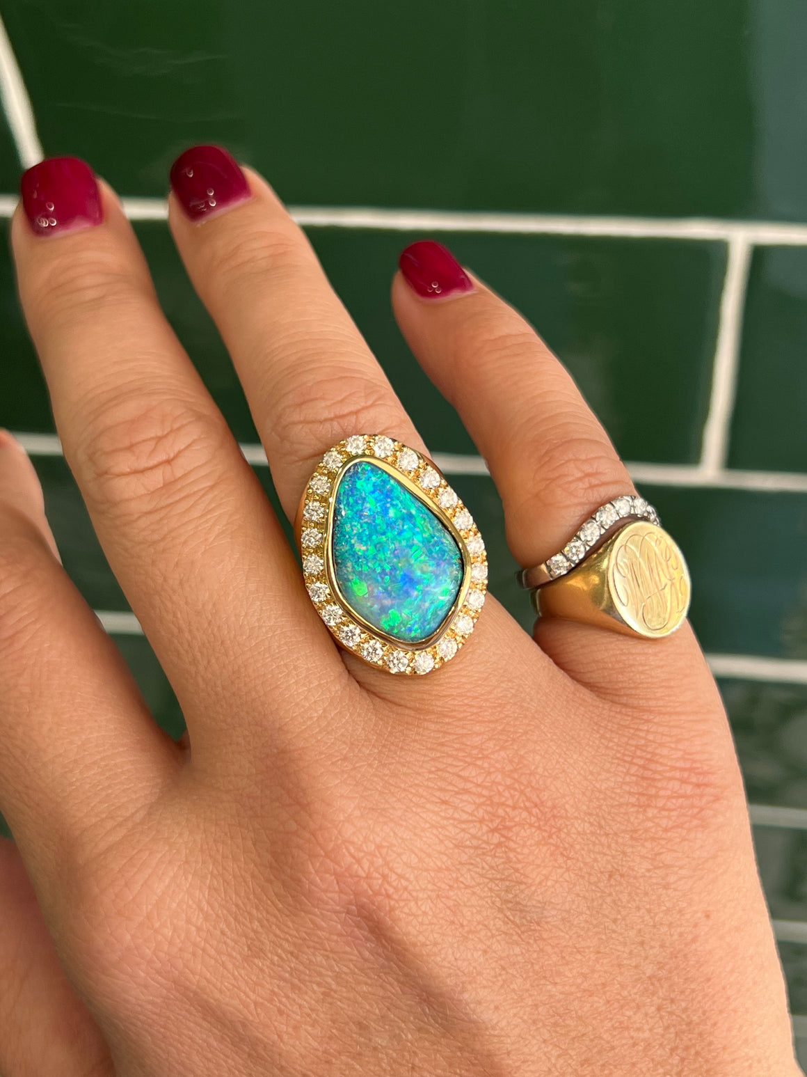 Australian Boulder Opal and Diamond ring in 18ct Yellow Gold