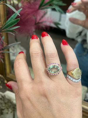 Green Amethyst and Pink Tourmaline Ring in 9ct Yellow Gold