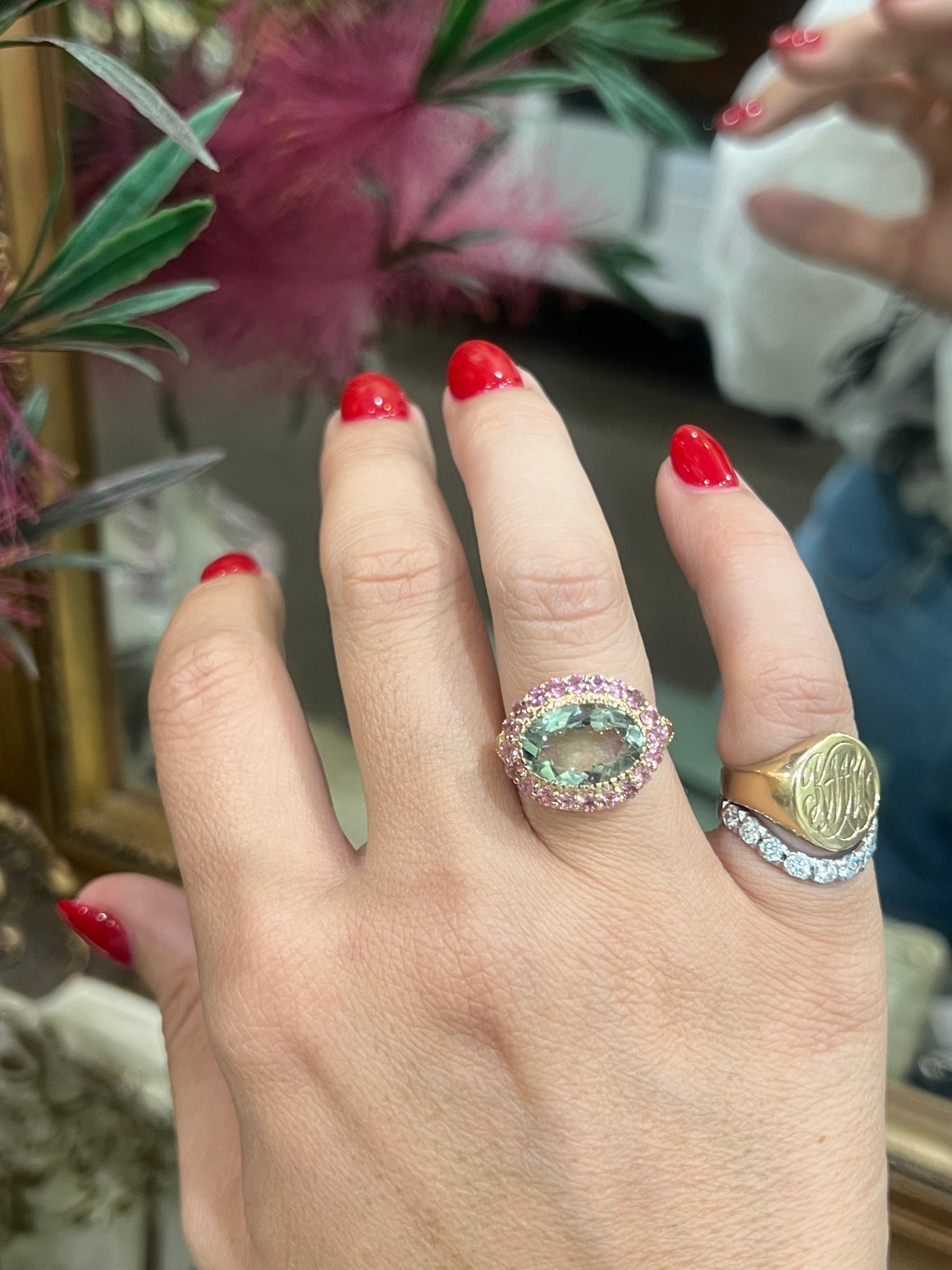 Green Amethyst and Pink Tourmaline Ring in 9ct Yellow Gold