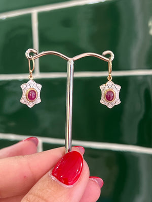 Cabochon Ruby and Diamond Earrings in 9ct Yellow Gold