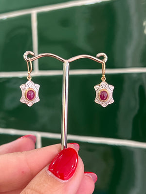 Cabochon Ruby and Diamond Earrings in 9ct Yellow Gold