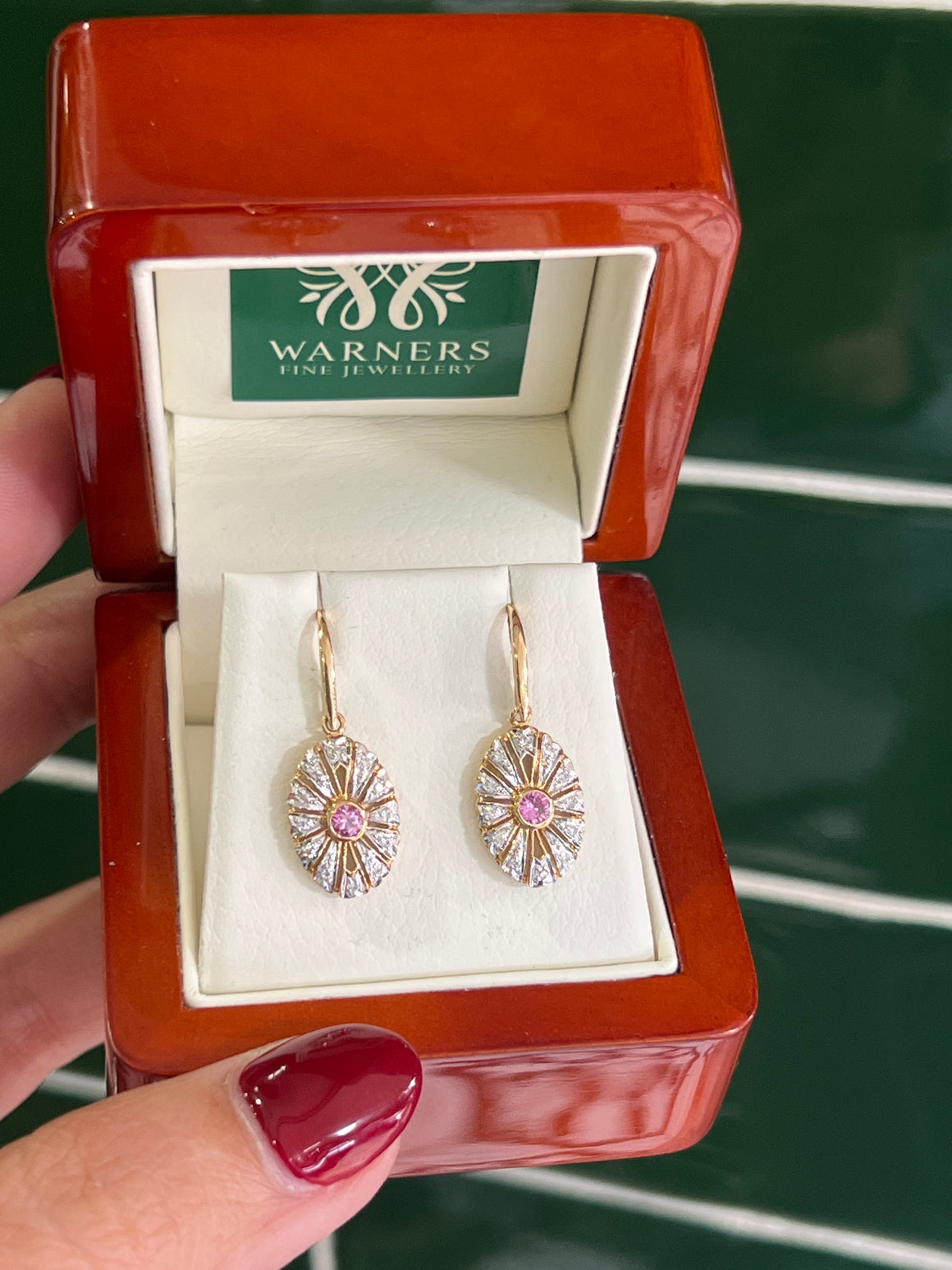Pink Sapphire and Diamond earrings in 9ct yellow gold