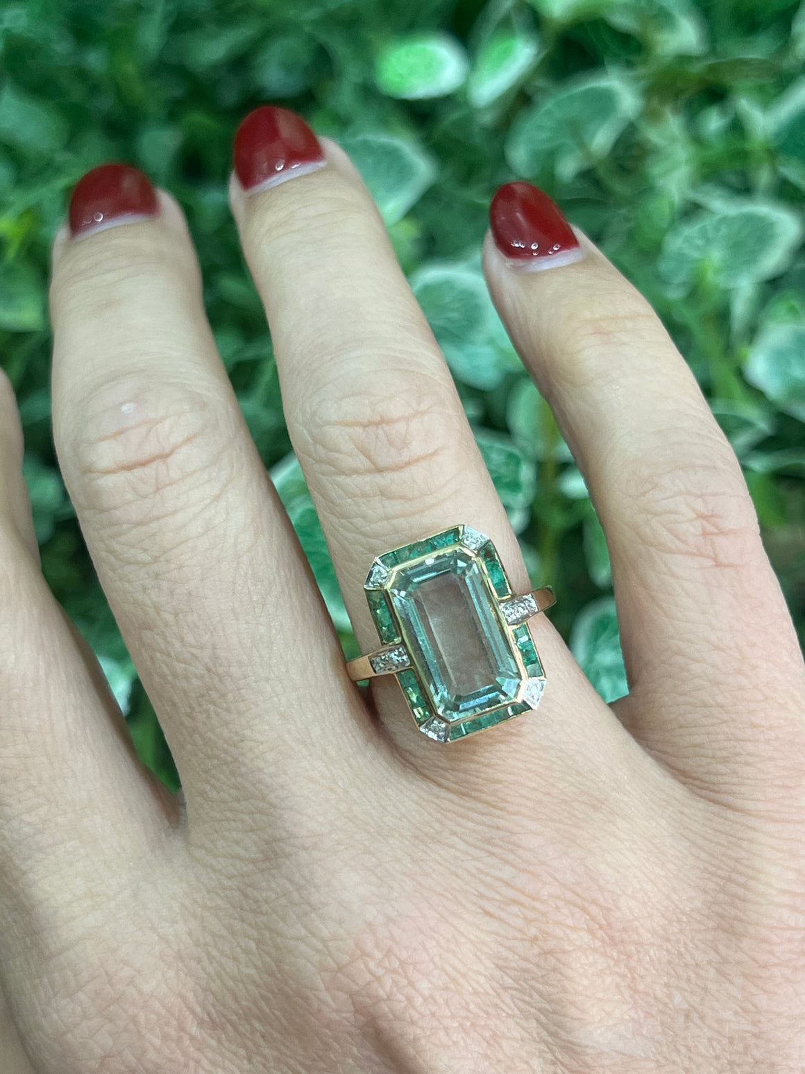 Green Amethyst, Emerald and Diamond Ring in 9ct Yellow Gold