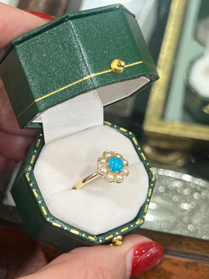 Turquoise and Pearl Ring in 9ct Yellow Gold