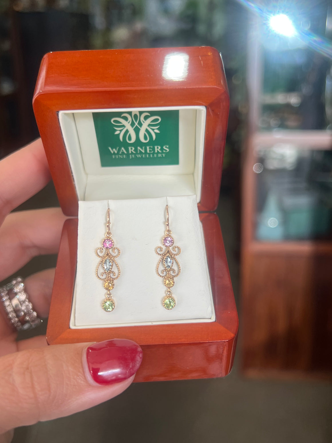 Pink and Blue Topaz, Citrine and Peridot Earrings in 9ct Yellow Gold
