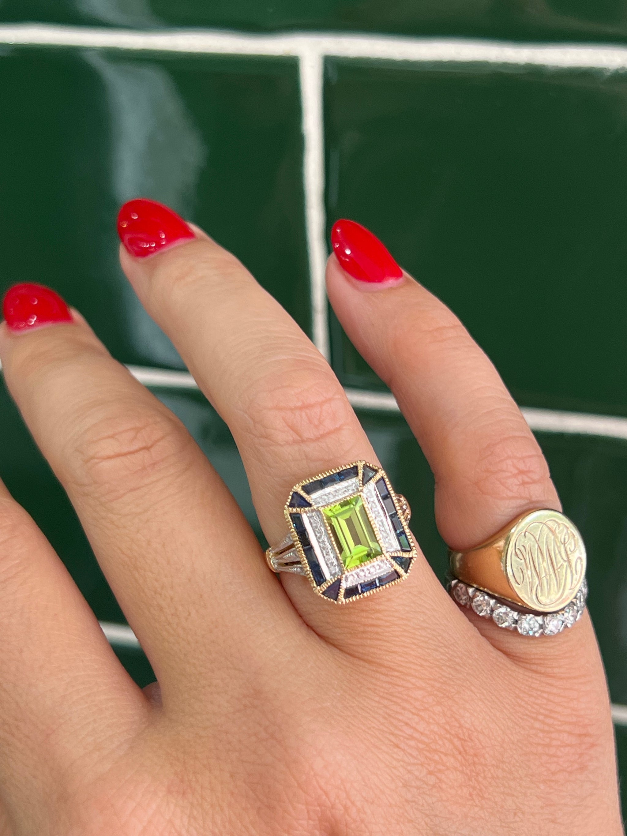 Peridot, Diamond and Sapphire Ring in 9ct Yellow Gold