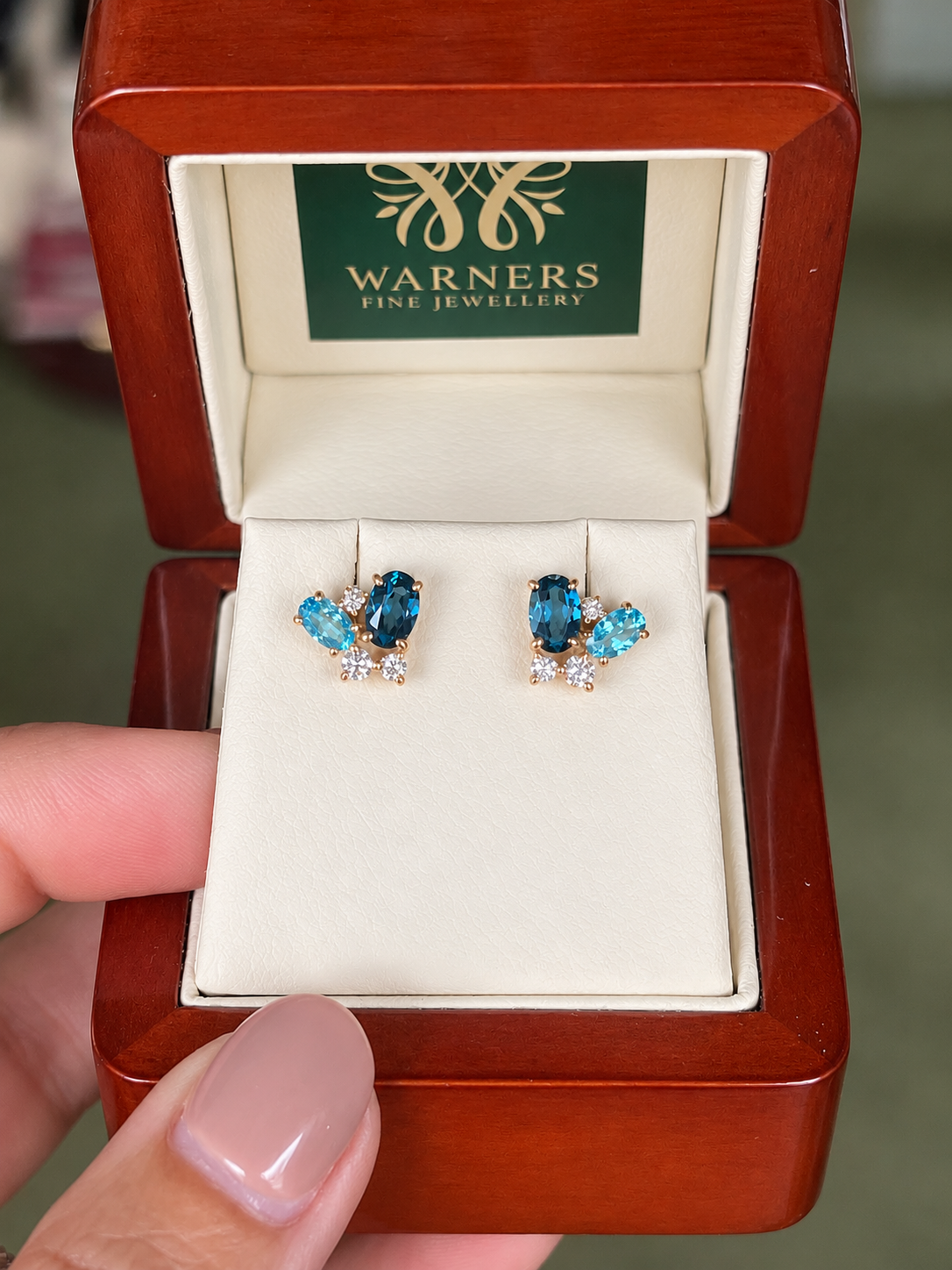 London Blue and Sky Blue Topaz, Diamond earrings in 9ct Yellow Gold