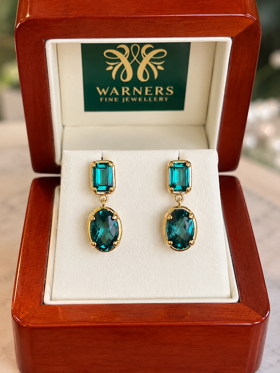 Green Quartz Drop Earrings in 9ct Yellow Gold