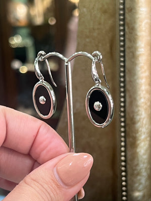 Onyx (oval) and Diamond Earrings in Sterling Silver