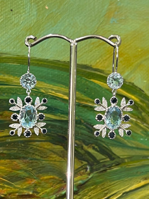 Sky Blue Topaz, Sapphire and Diamond Earrings in 9ct White Gold