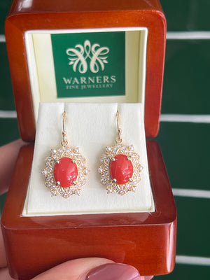 Coral, Diamond and Pearl Earrings in 9ct Yellow Gold