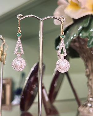 Emerald, Diamond and Pearl earrings in 18ct gold.