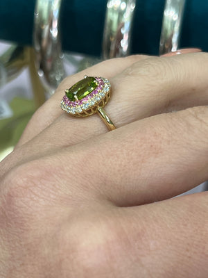 Peridot, Pink Sapphire and Diamond Ring in 18ct Yellow Gold