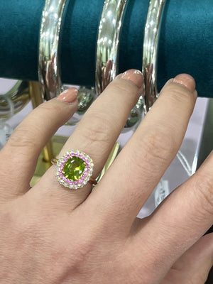 Peridot, Pink Sapphire and Diamond Ring in 18ct Yellow Gold