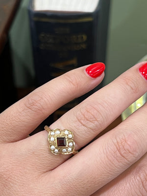 Garnet and Seed Pearl Ring in 9ct Yellow Gold