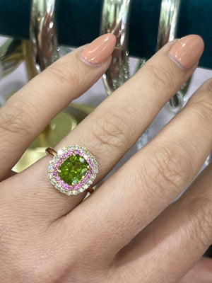 Peridot, Pink Sapphire and Diamond Ring in 18ct Yellow Gold