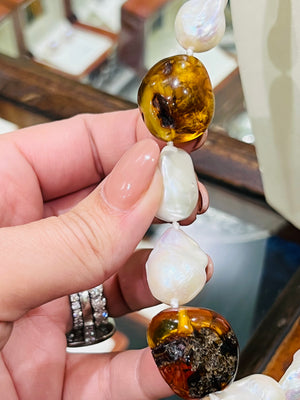 Baltic Amber and Baroque Pearl Necklace in 9ct yellow gold