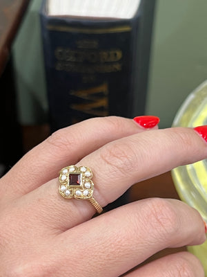 Garnet and Seed Pearl Ring in 9ct Yellow Gold