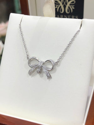 Diamond Bow Necklace in 9ct White Gold