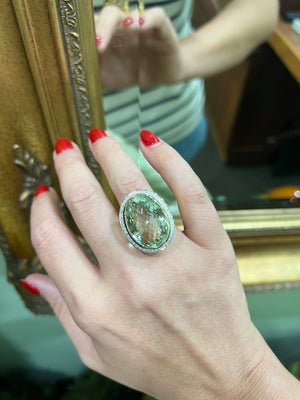 Green Amethyst and Diamond Ring in 9ct Yellow Gold