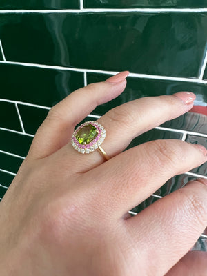 Peridot, Pink Sapphire and Diamond Ring in 18ct Yellow Gold