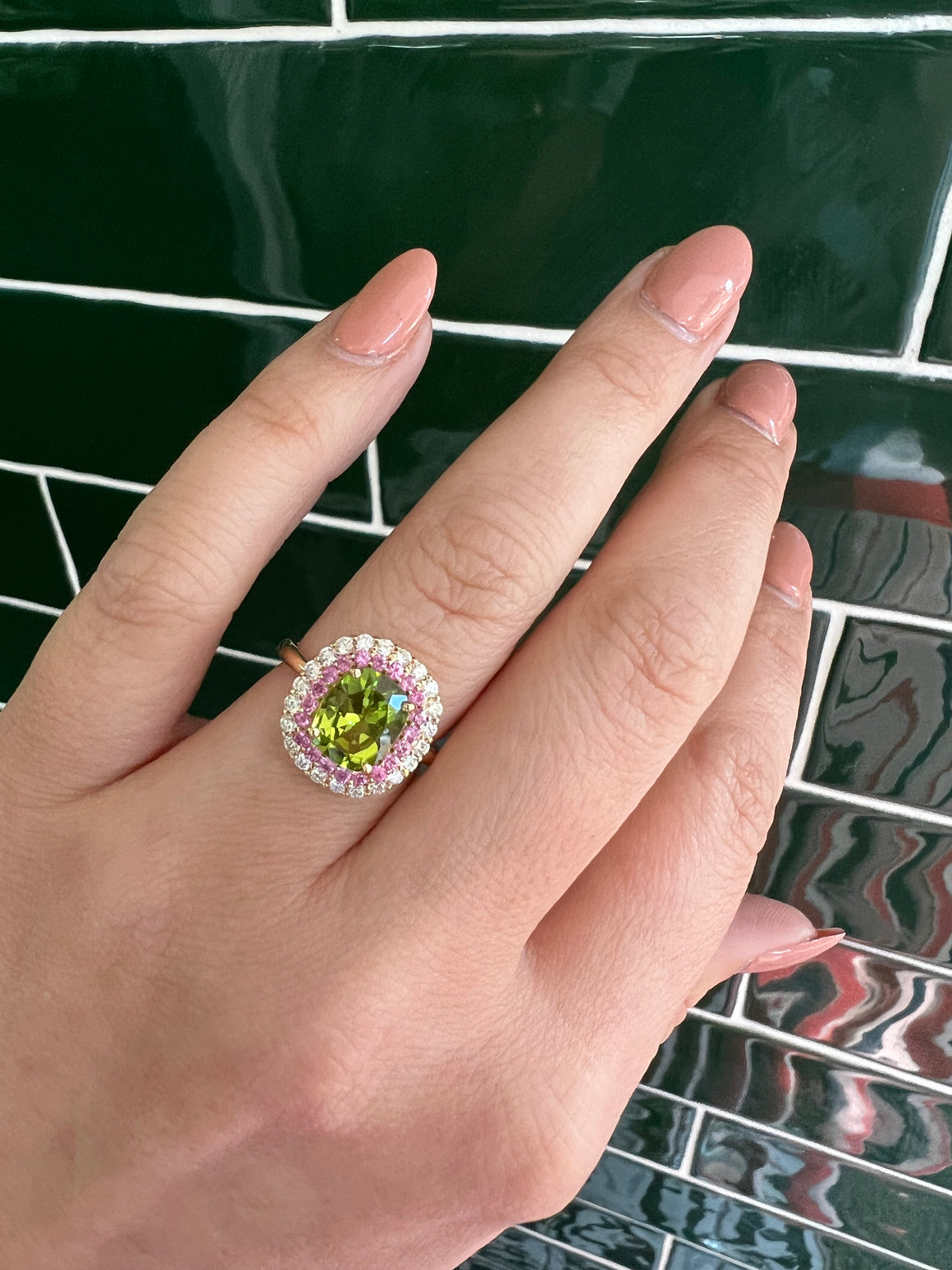 Peridot, Pink Sapphire and Diamond Ring in 18ct Yellow Gold